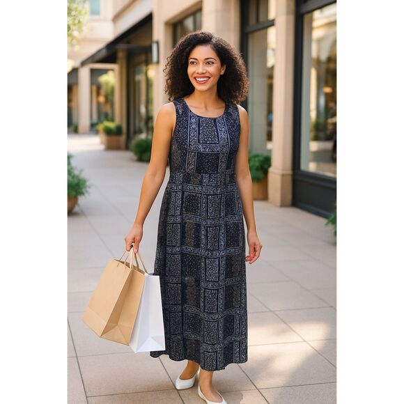 Talbots Dress 8 Maxi Navy Blue Patchwork Print Lined Bodice Sleeveless Back Zip - Picture 1 of 7